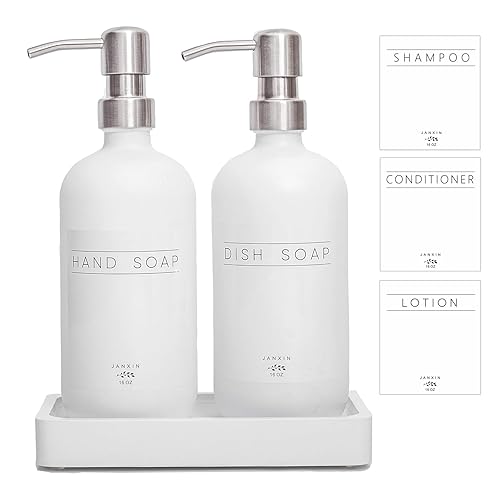 Janxin Glass Soap Dispenser for Kitchen 16oz Morden Hand and Dish Soap Dispenser with Stainless Steel Pump and Wood Tray Bathroom Soap Dispenser with Waterproof Labels (White Bottles+Silver Pumps)